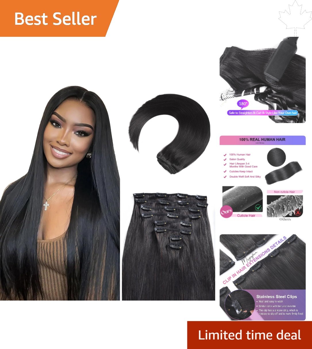 Luxury 18 Inch Double Weft Clip In Hair Extensions – 100% Human Hair, 1B Color
