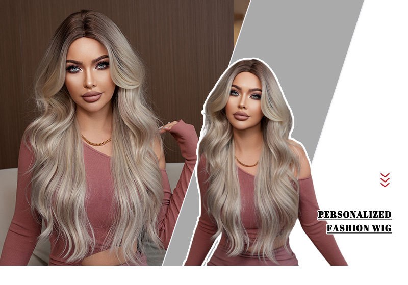 Long Wavy Ombre Beige Ash Blonde Middle Part Wig with Curtain Bangs for Women
