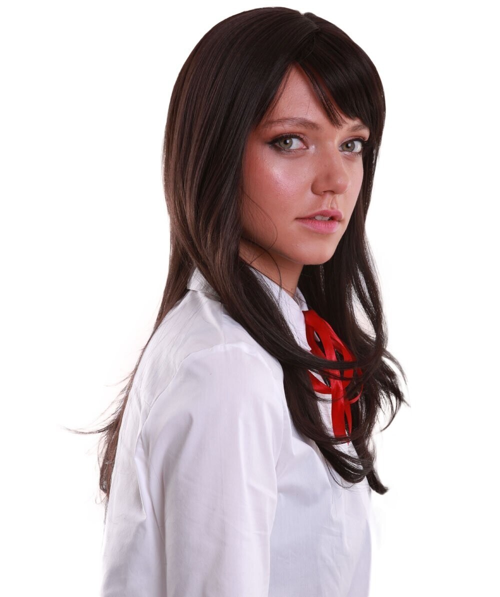 Adult Women’s Anime-themed Dark Brown Wig with Bangs, Breathable Capless Cap,
