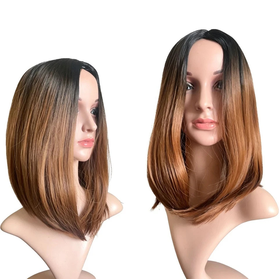 Black Root Ombre Brown Bob Wig, Middle Part Silky Straight Synthetic Wig for Lad