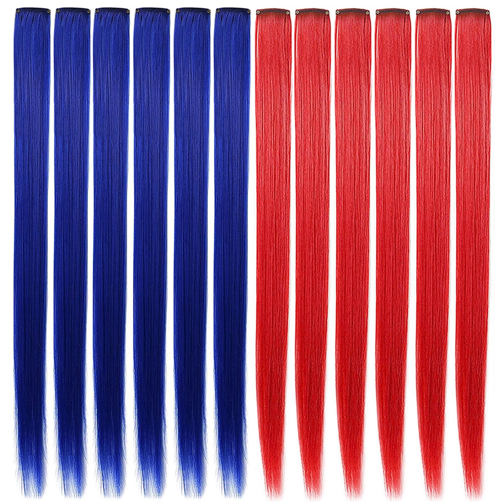 12 PCS Red and Blue Hair Extensions Clip in,Colored Party 21inch Highlights Stra