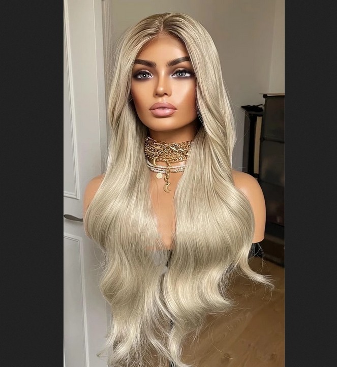 Platinum Blonde 13×4 Lace Frontal Wig With Dark Roots 100% Human Hair Wig