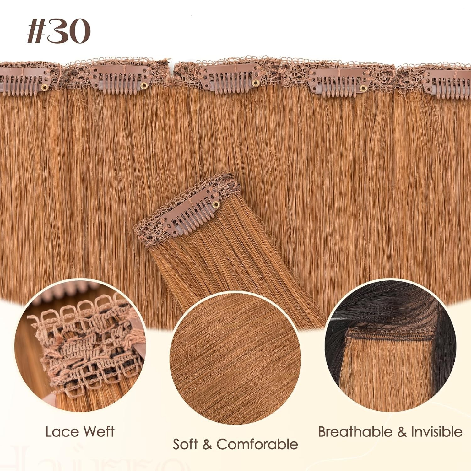 Hairro 6PCS 6 Clips 12 inch Remy Human Hair Extensions 33g #30 Light Auburn