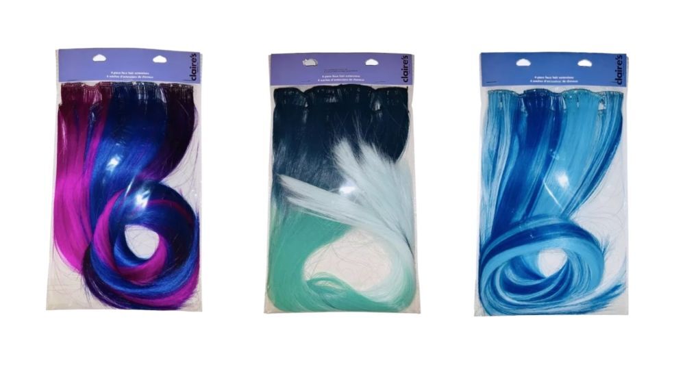 Claire’s 4 piece Faux Hair Extensions Clip-in Brand New Green Blue Purple