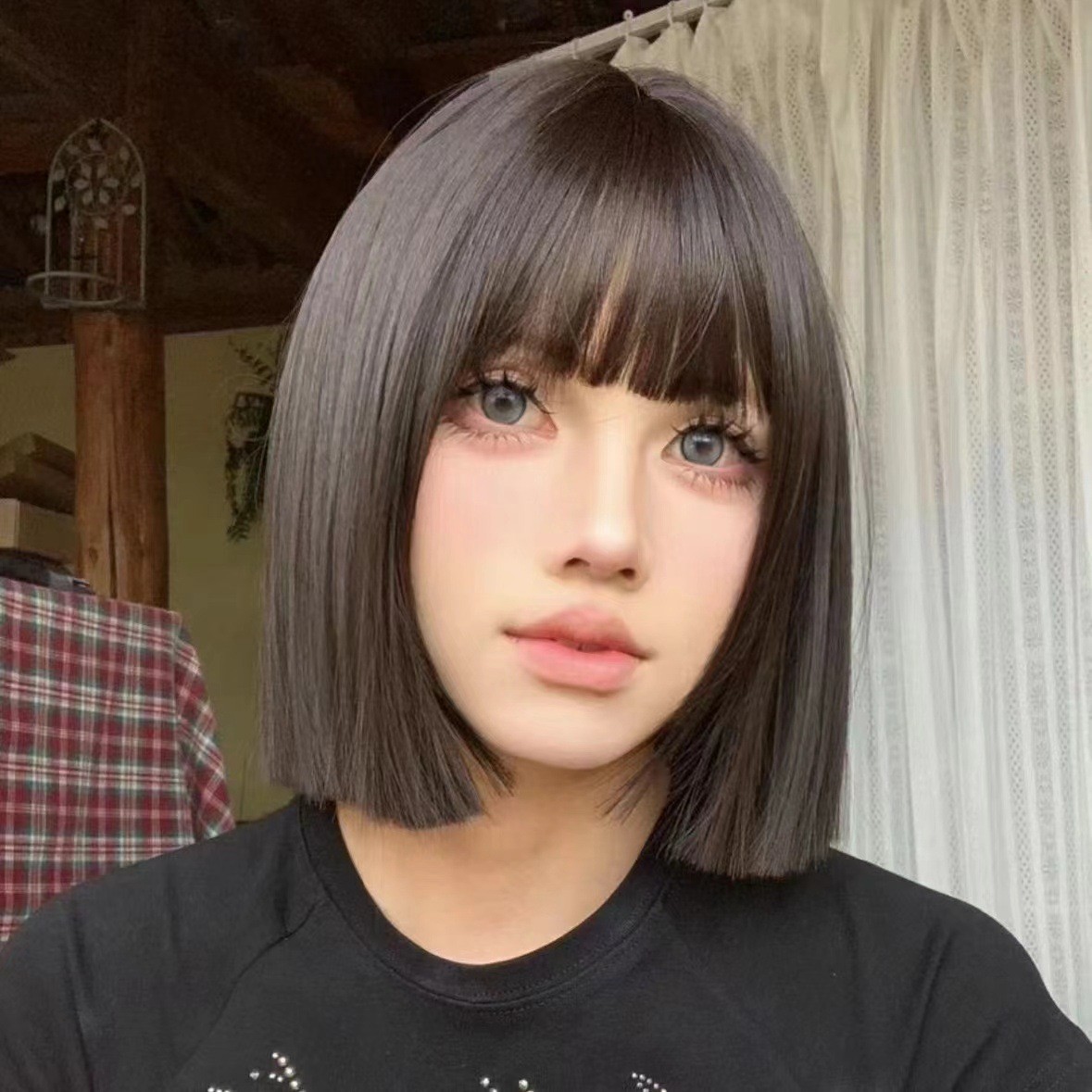 Blunt Cut Short Bob Wig Rose Net Breathable Heat Resistant Synthetic Full Head