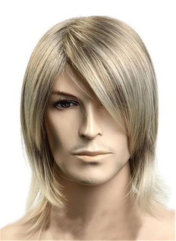 Men’s Wig Med-Length Casual Light Brown Straight Human Hair Wig+Wig Cap