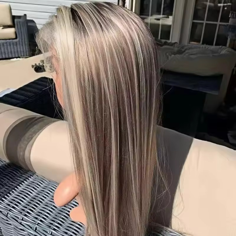 Ombre Ash Blonde Highlight Straight Full Lace Front 100% Human Hair Wigs