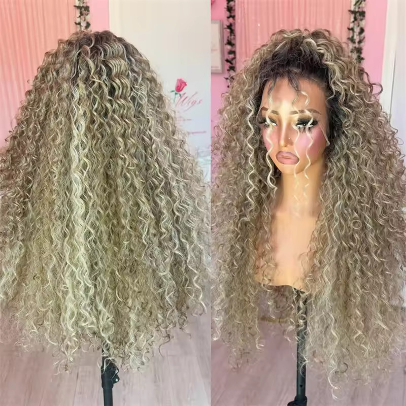 22 INCH Curly Wave Wig Ombre Ash Blonde Lace Front 100% Human Hair Wigs
