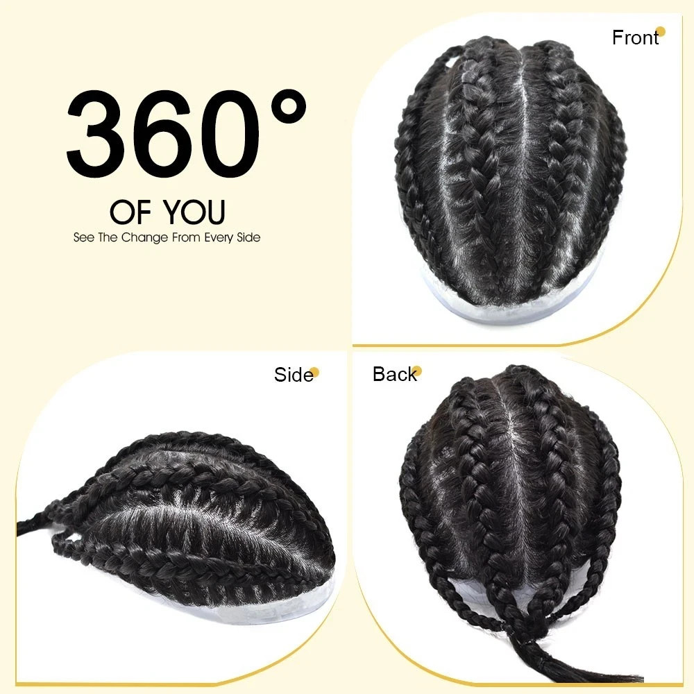 Mens Toupee Cornrow Braids Full Poly Box Braided Mens Hairpiece Male Braiding