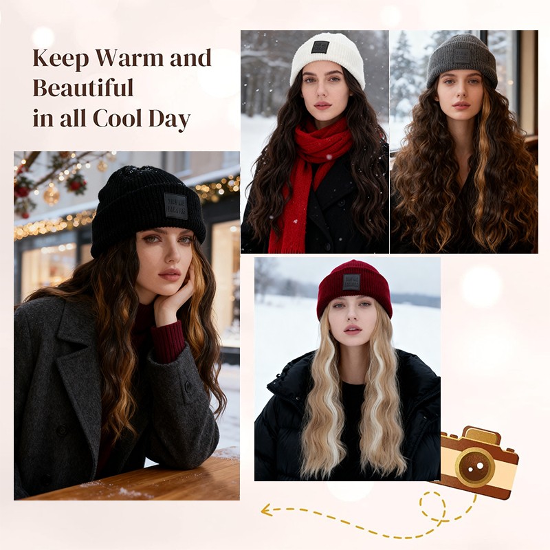 11″ Beanie Hat with Synthetic Hair for Women Hat Wig Knit Beanie Winter Warm Wig