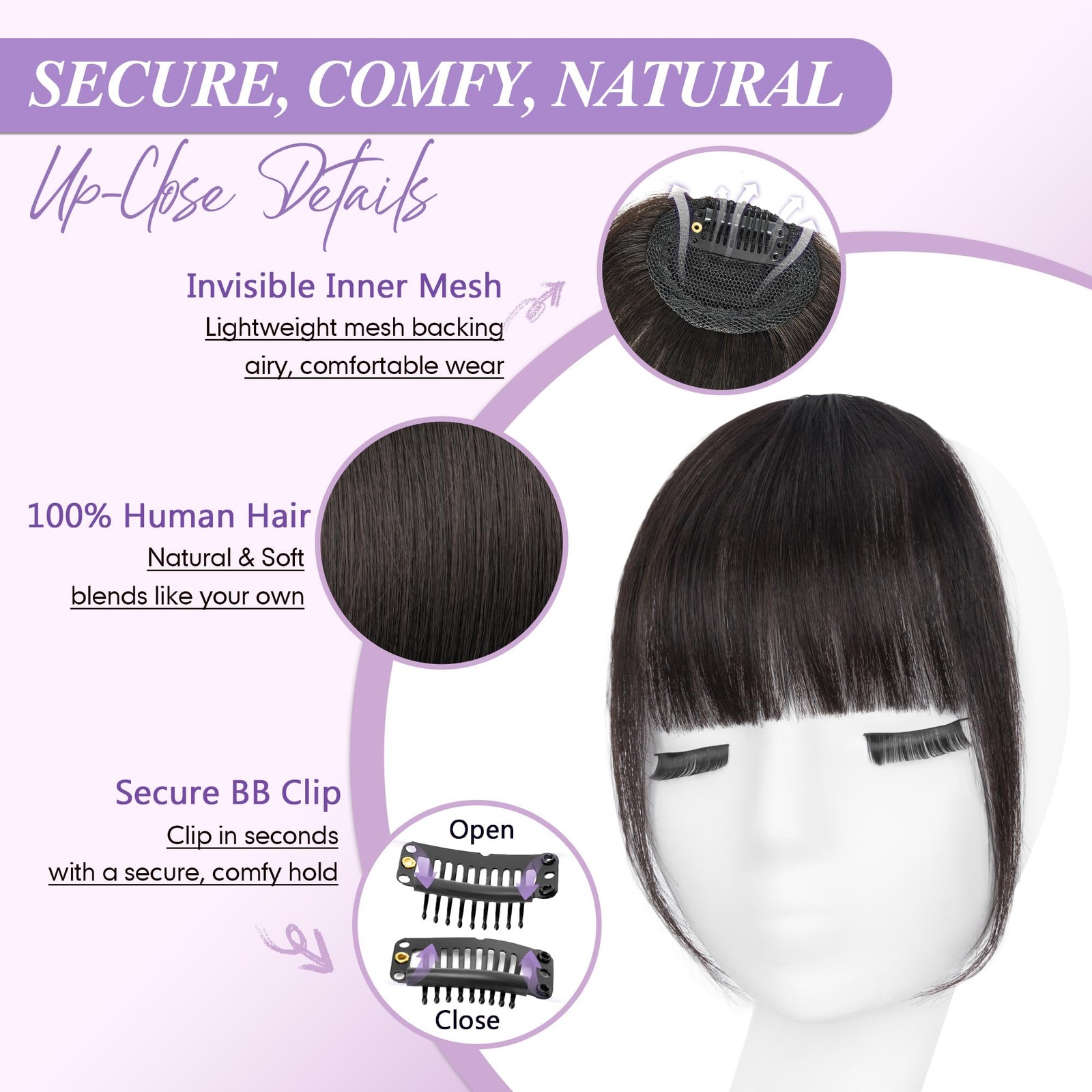 Bangs Hair Clip 100% Human Fringe with Temples Wispy French Brown Black