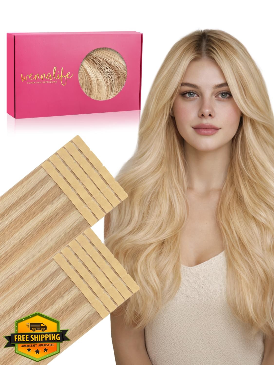 Wennalife 8cm tape in human hair extensions dirty blonde 22 inch 50g 10pcs
