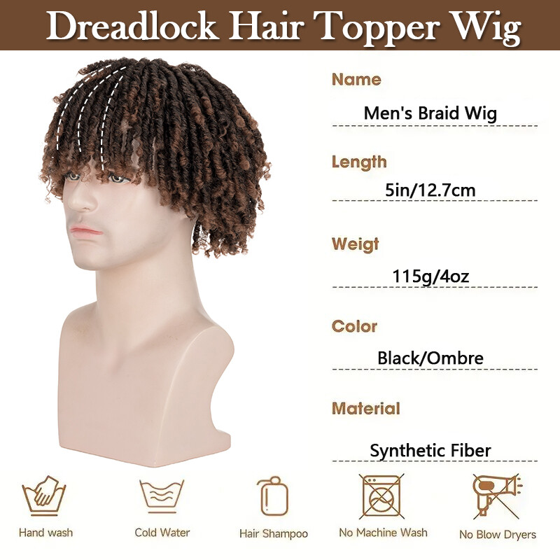 Men Synthetic Short Dreadlock Hair Topper Wig with Clip in Braided Half Wigs 5in