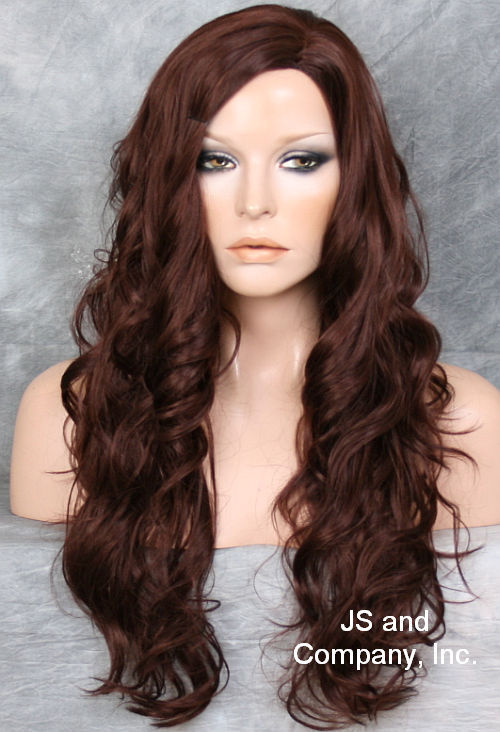 LONG spiral curly WIG Dark Auburn Side skin top Hair 33 JSOB