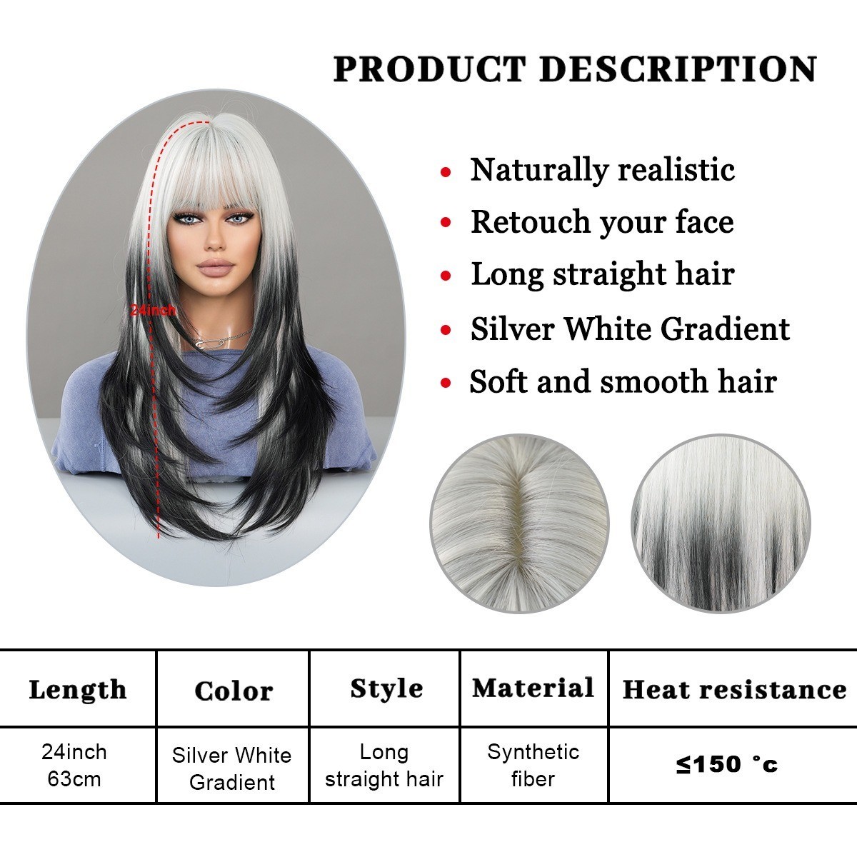 Silver-white gradually darkening black long straight hair high-level wig