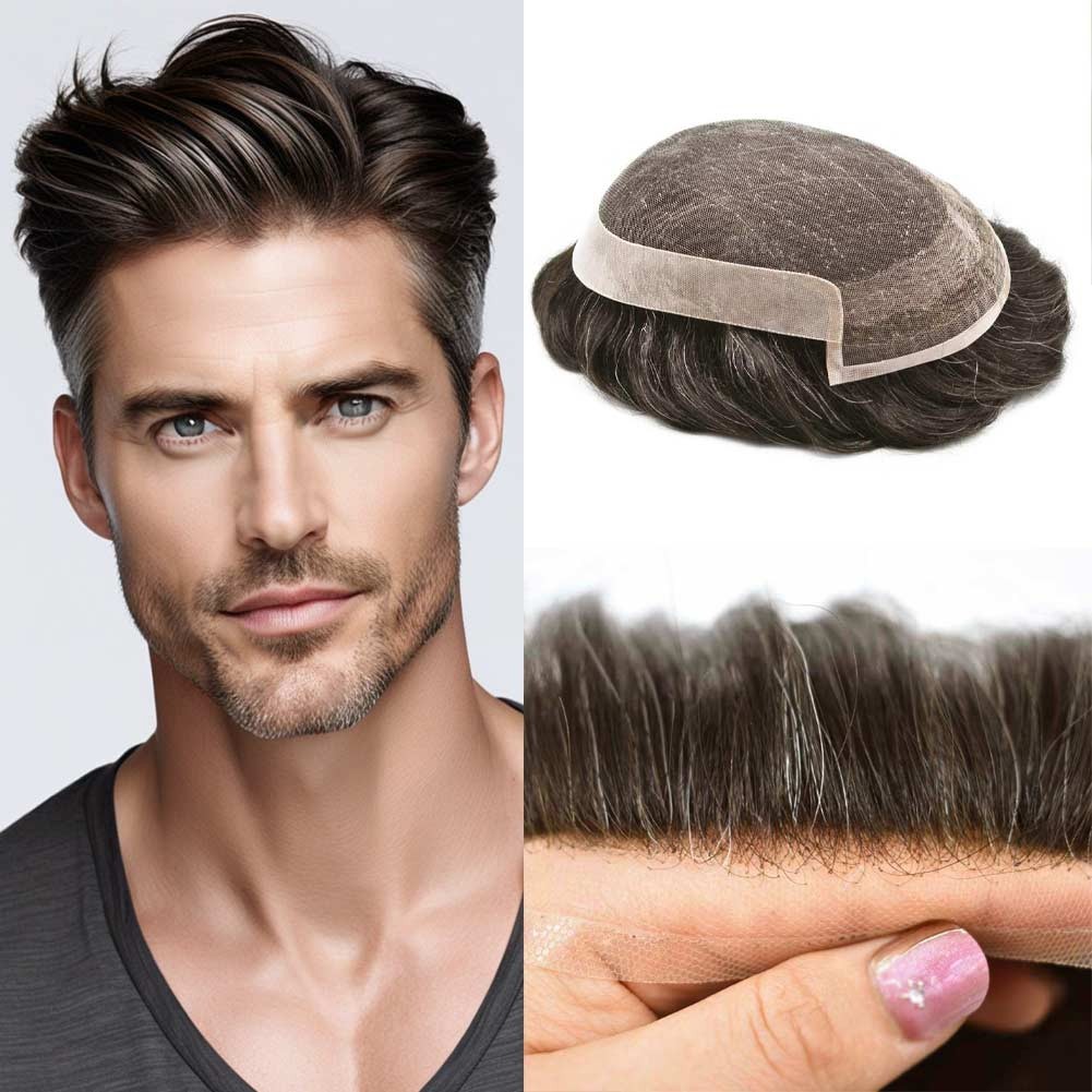 French Lace Front Mens Toupee Poly Skin Hairpieces Human Hair Replacement System