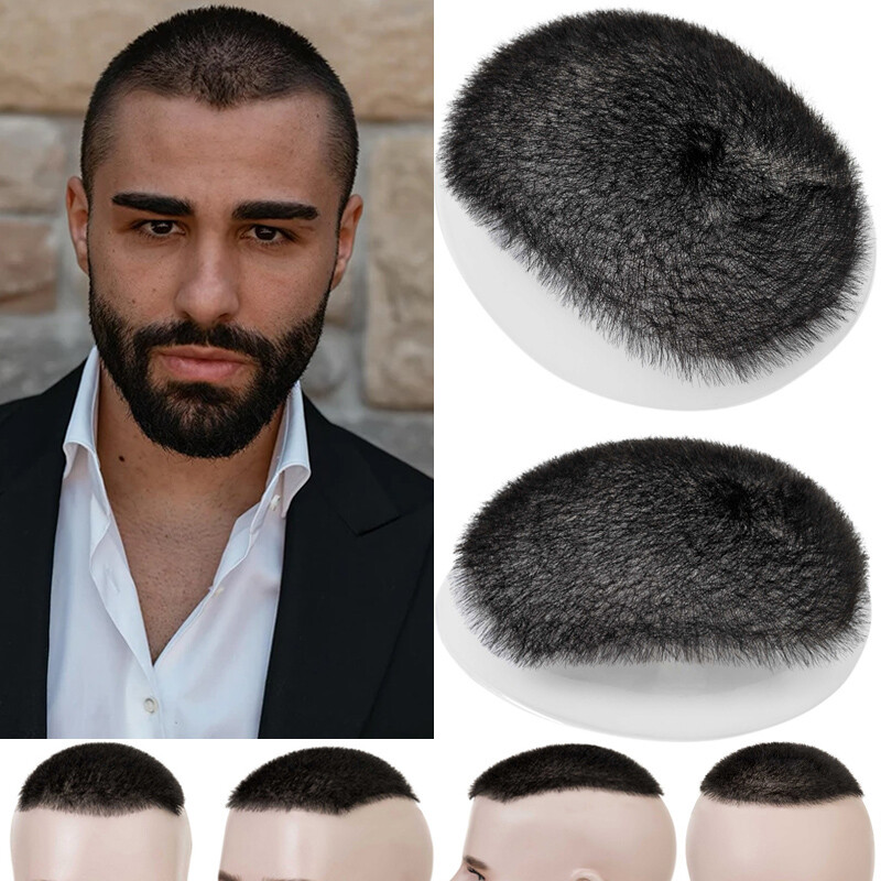 Men’s Toupee Hairpiece Human Hair System Thin PU Skin Topper Wigs Short Buzz Cut
