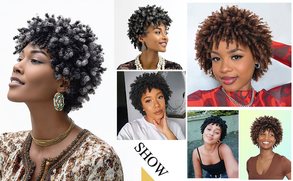 MIMAN Tight Curl Short Black Grey Afro Wig curly kink twist woman synthetic 10″