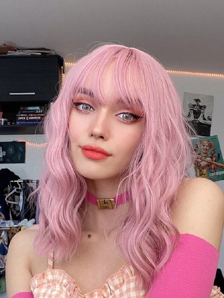 Women Girls Pink Bob Wig with Bangs Short Wavy Pink Bob Wig Synthetic Bob Wig US