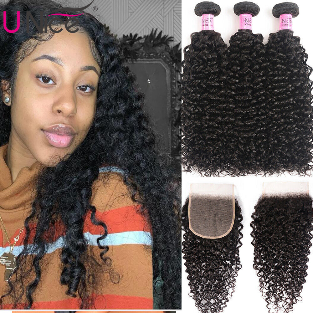 UNice Cambodian Curly Bundles Human Hair Extensions With Lace Closure Weaves US