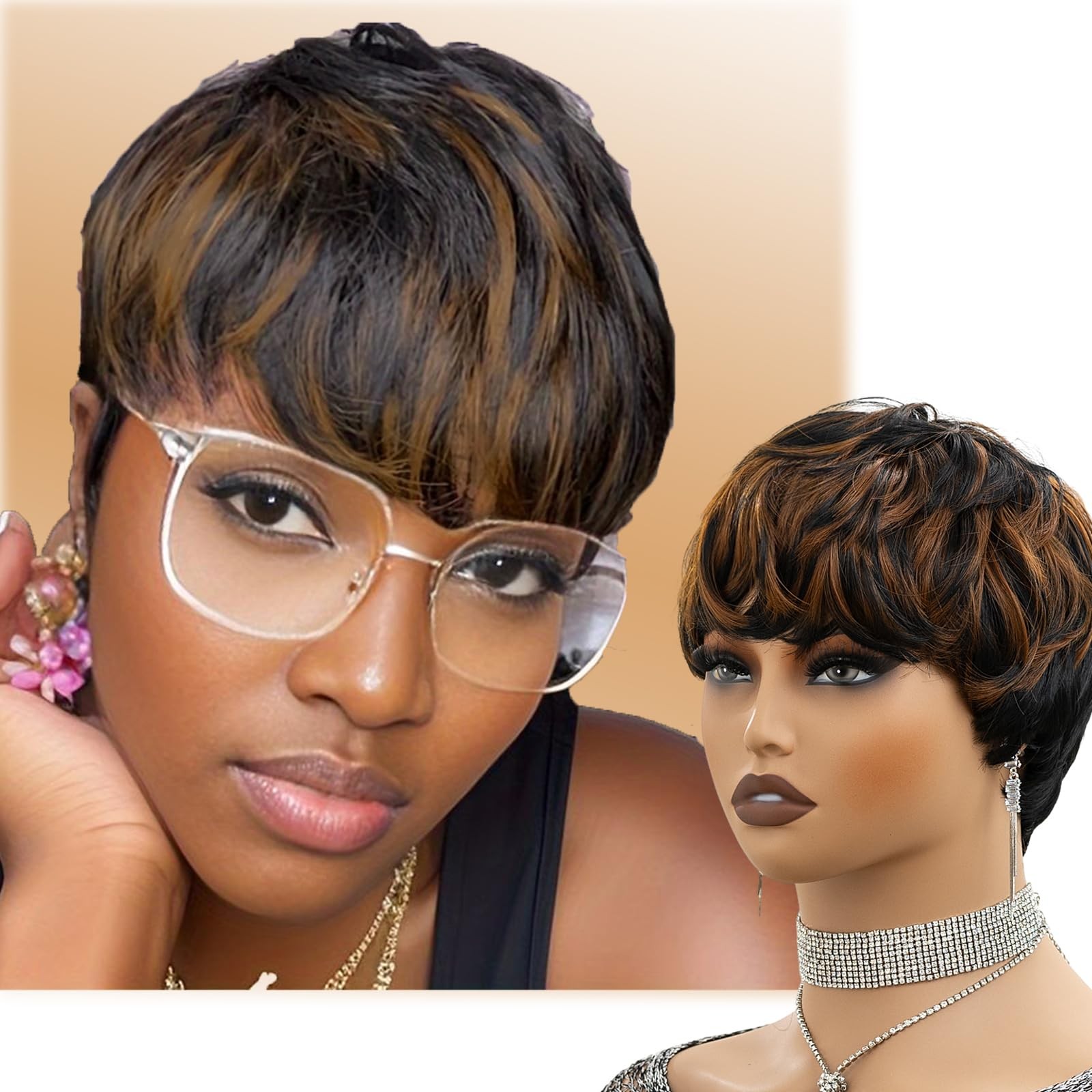 Straight Short Wigs for Black Women Ombre Auburn/Black 22.5 Inch, Brown