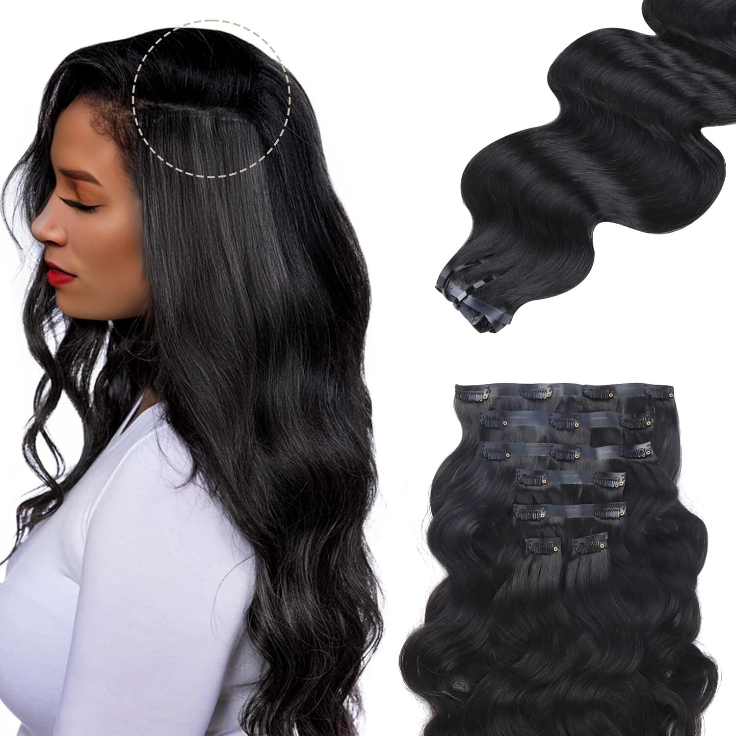 Seamless PU Clip in Hair Extensions Human Hair Body Wave 7pcs 110g 16 Inch 1B