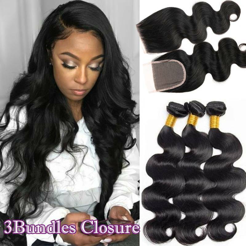 Pre Plucked Lace Closure with 3Bundles Brazilian Virgin Human Hair Wavy Weave US
