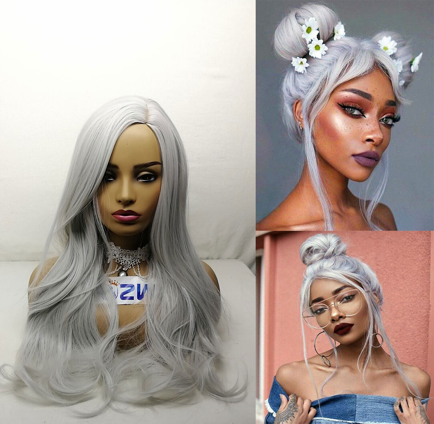 Silver Grey Wig Long Natural Wave Hair Anime Cosplay HalloweenFull Wigs New US