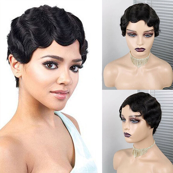 Black Pixie Short Cut Finger Wave Brazilian Human Hair Wig Glueless Machine Wig
