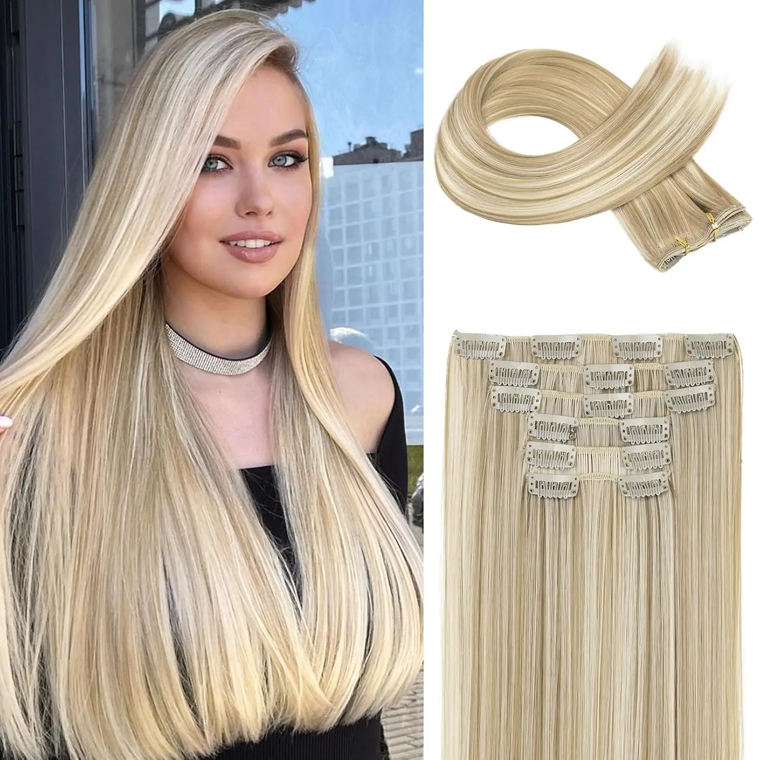 6Pieces/Set Clips in Hair Extensions 24 Inch Synthetic Long Straight Extensions