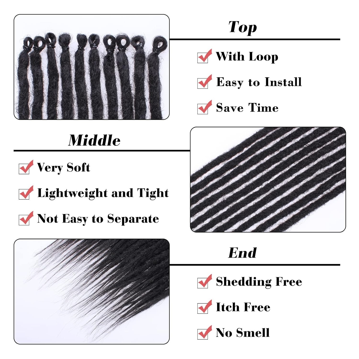 Leeven Thin 24 Inch Dreadlock Extensions 0.6 cm Width 20 Strands Natural Black S