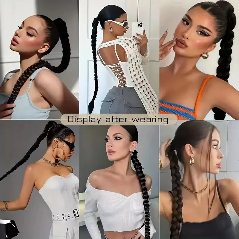 Long Synthetic Straight Braided Hair Extension Elastic Band Clip-in Hairpiece