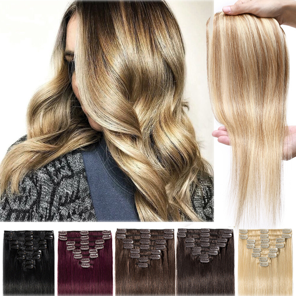 8-24inch 100% Remy Human Hair Extensions Clip In Real Hair Full Head 8PCS BLONDE