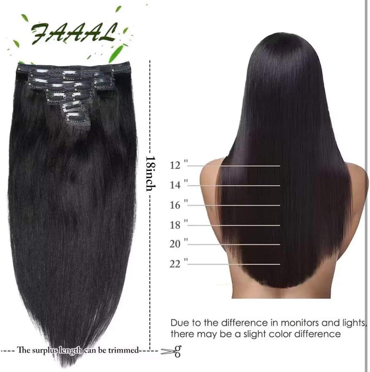 18″ Clip in Human Hair Extensions 150g 7 Pieces 16 Clips Jet Black (18″,150g 1#)