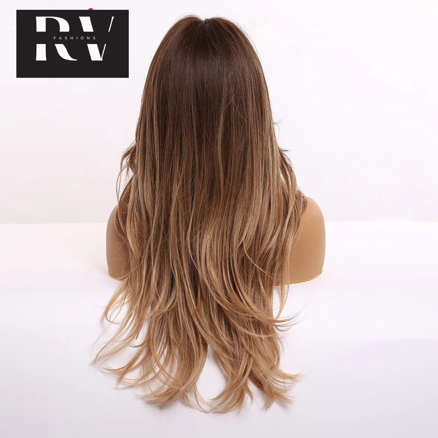 Long Ombre Black Gloden Honey Brown Wavy Synthetic Wigs with Bangs Natural Hair
