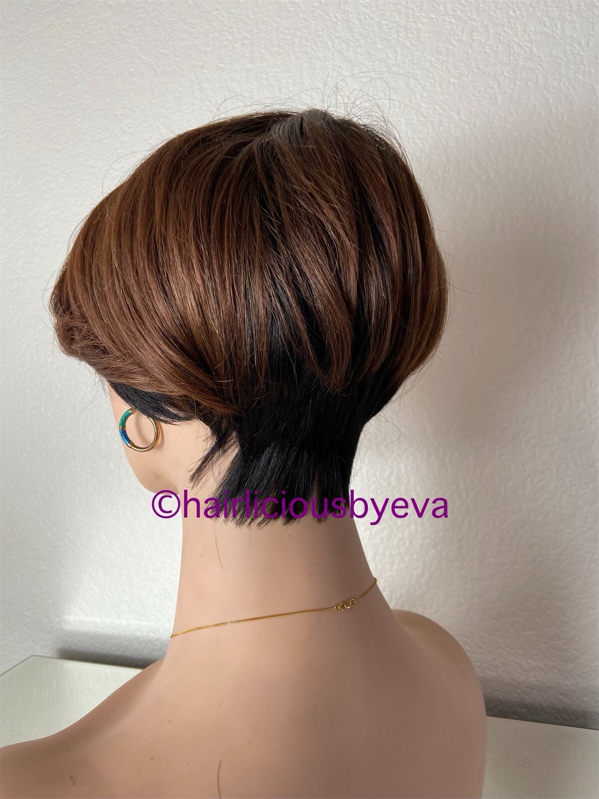 Golden Brown Short Wig Ombré Black Side Part Heat Resistance Ok
