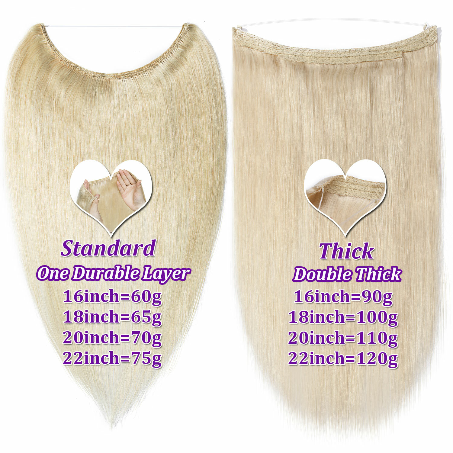 Thick 7A+ Hidden Wire In 100% Real Remy Human Hair Extensions One Piece #BLONDE