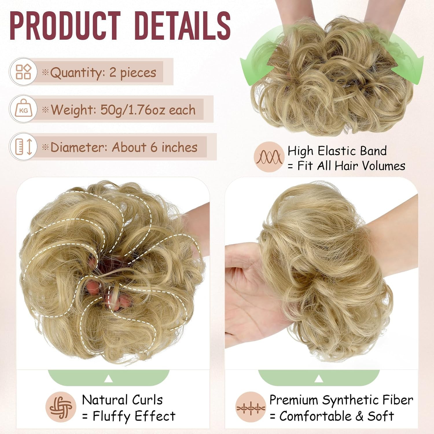 2 PCS Messy Bun Hair Piece Wavy Curly Scrunchies Synthetic Chignon Ponytail Hair