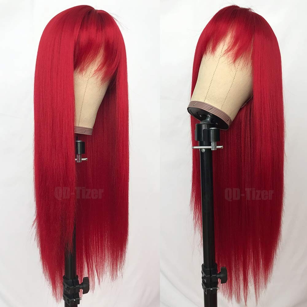 Long Straight Red Wigs Full Neat Bangs Heat Resistant Synthetic Hair Wig Cosplay