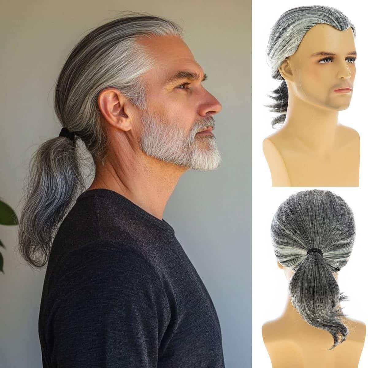 Men’s 14in Silver Gray Full Wig Heat Resistant Synthetic Cosplay Halloween Party