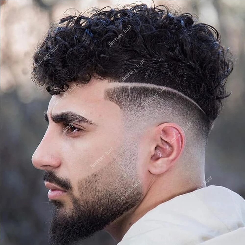 Full Skin Base 20mm Curly Human Hair Men’s Toupee Durable Prosthesis System Unit