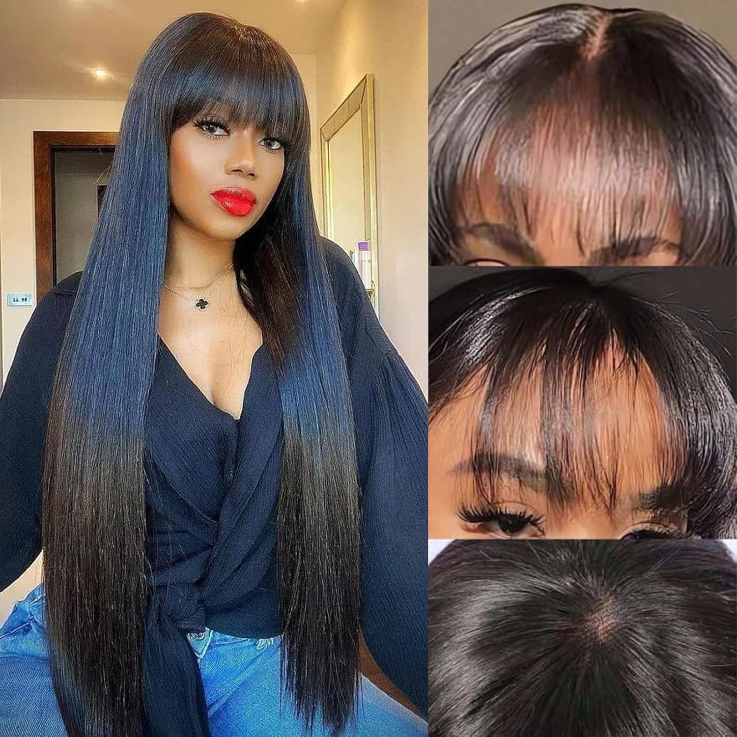Straight Human Hair Wigs with Bangs No Lace Front Wig BrazilianMachine Made Wig