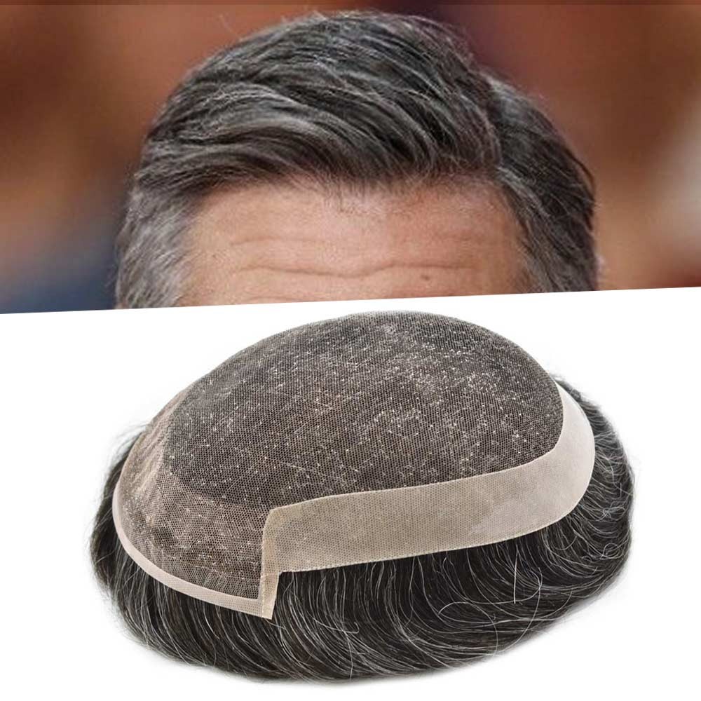 Mens Toupee Human Hair Replacement System French Lace Front Poly Skin Hairpiece