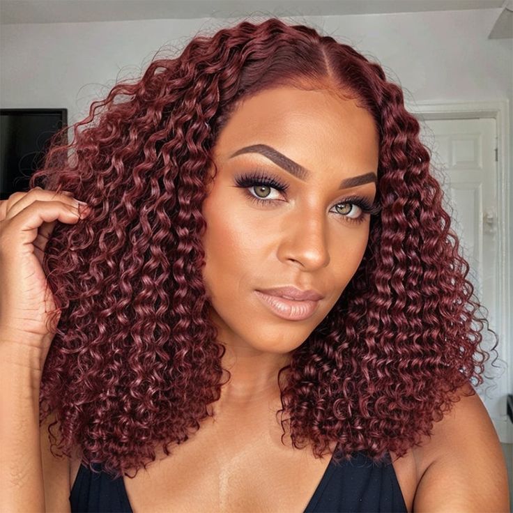 14′ Burgundy Short Curly 13×4 Lace Front Synthetic Wigs Heat Resistan Women Wear