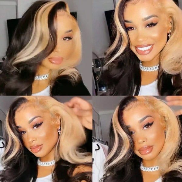Highlight Lace Front Wigs Human Hair Body Wave Stripe Honey Blonde Pre Plucked
