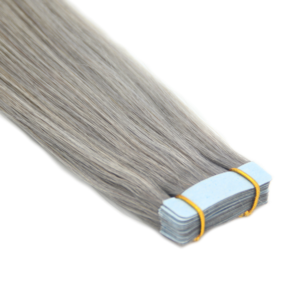 Invisible Seamless Tape in Skin Weft 100% Remy Human Hair Extensions Silver Gray