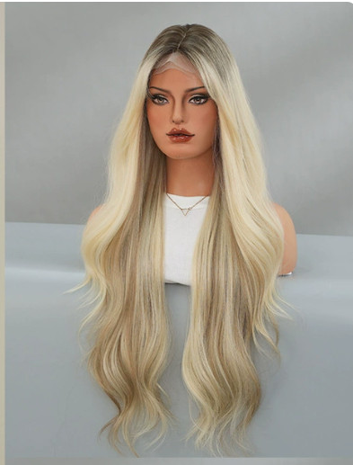 Extra Long Wavy Rooted Blonde Mix Lace Synthetic Hair Wig Women Soft Natural