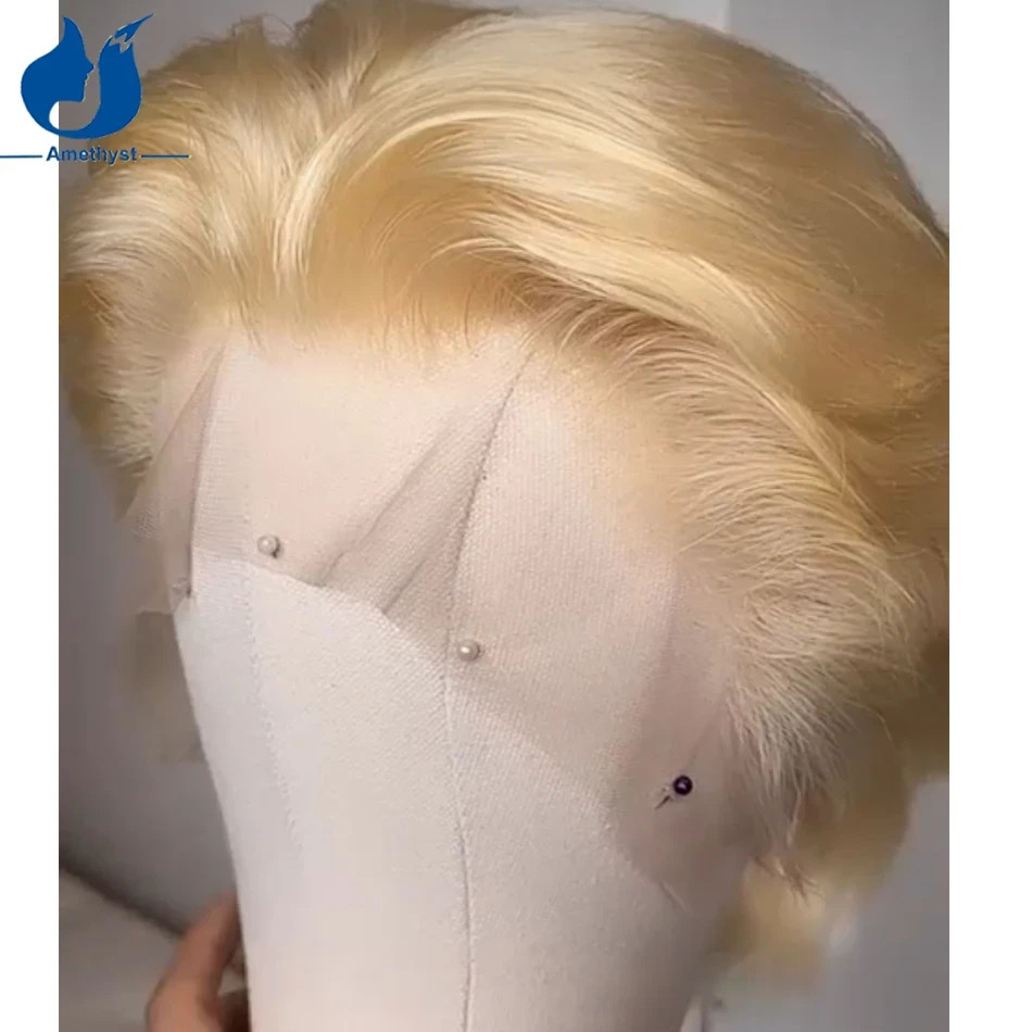 #613 Blonde Short Cut Men’s Wig Brazilian Remy Human Hair 13×4 Lace Front Wig