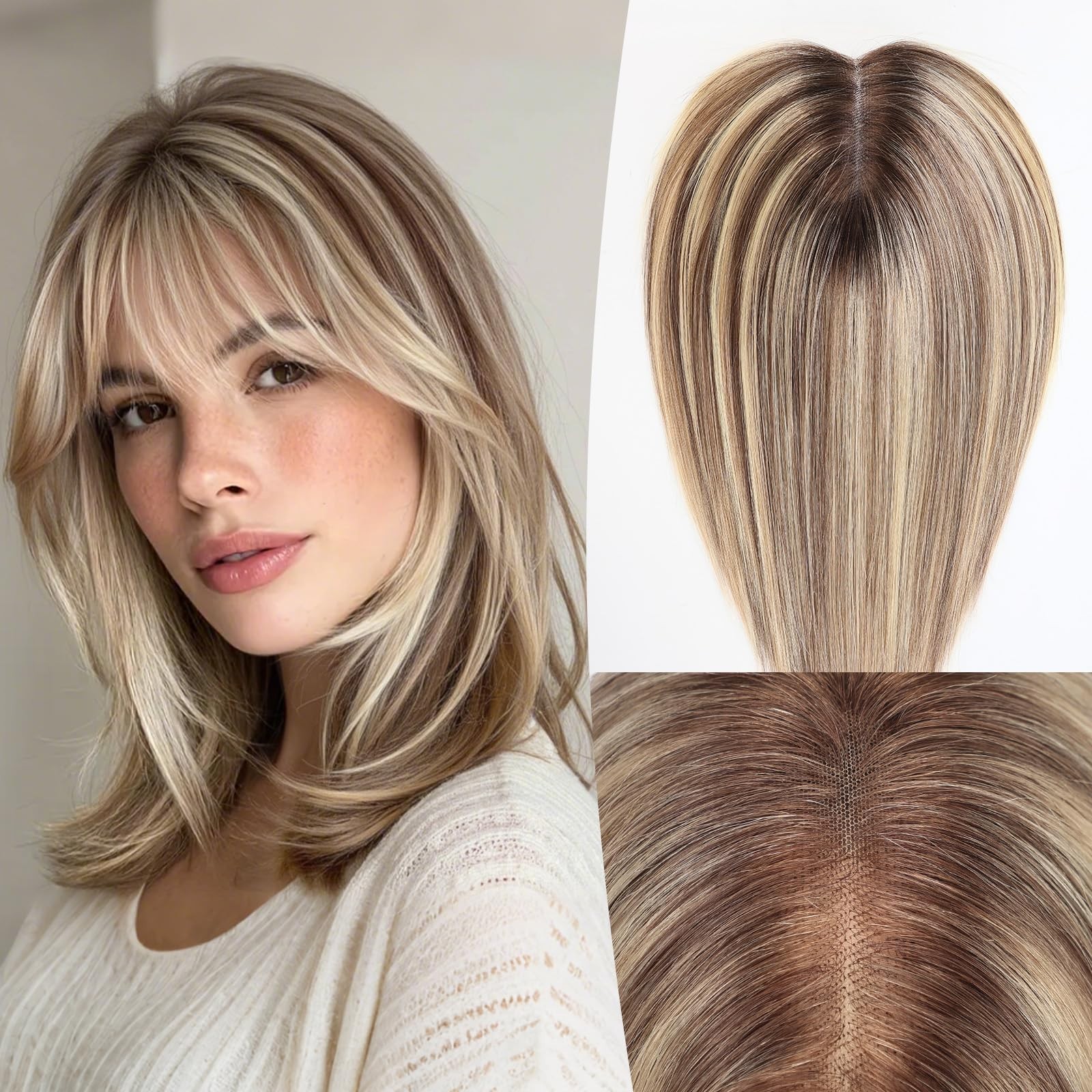 14″ Human Hair Topper for Women – Swiss Lace Base, Non-Slip Clips, Natural Look,