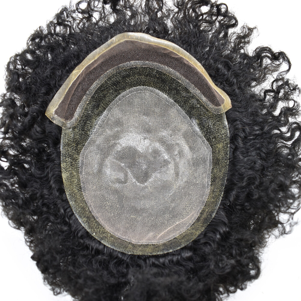 Lace Front Afro Curl Mens Toupee Poly Skin African American Human Hair Piece Wig